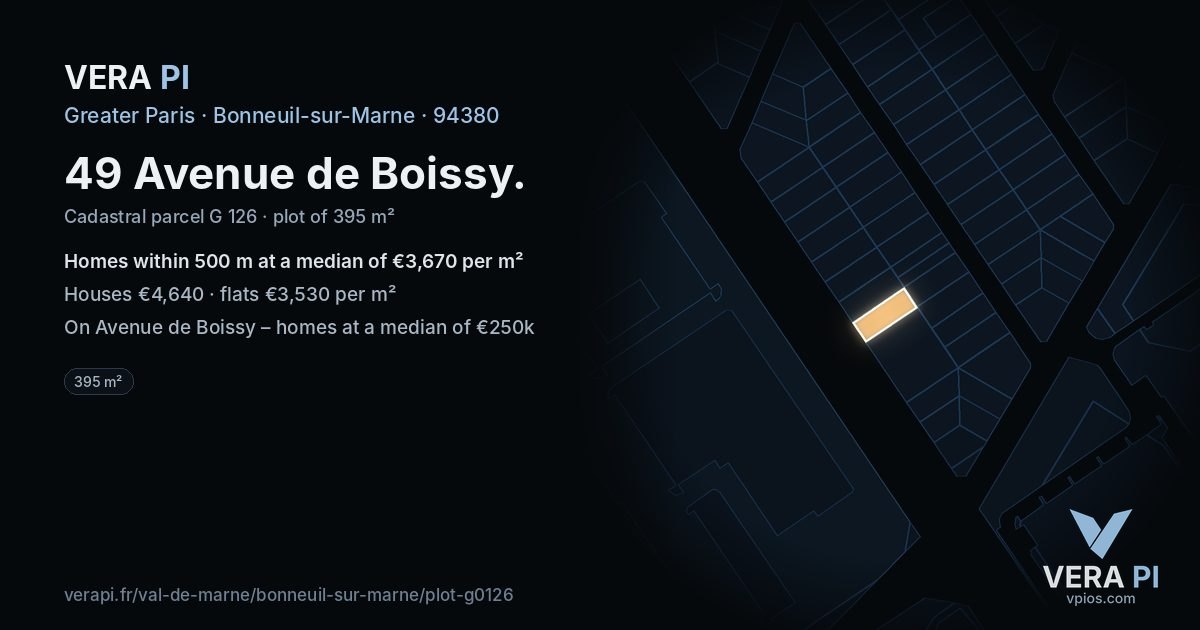 49 Avenue de Boissy, Bonneuil-sur-Marne at night – the plot lit, the parcels around coloured by the prices near them