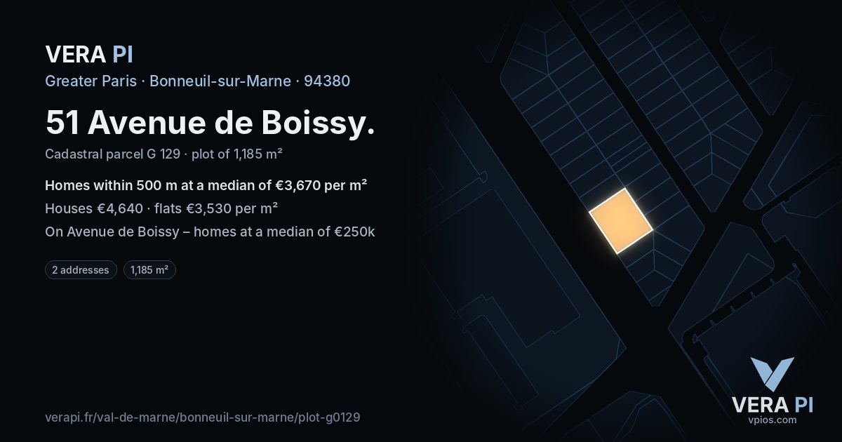 51 Avenue de Boissy, Bonneuil-sur-Marne at night – the plot lit, the parcels around coloured by the prices near them