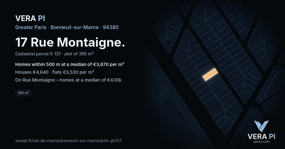 17 Rue Montaigne, Bonneuil-sur-Marne at night – the plot lit, the parcels around coloured by the prices near them
