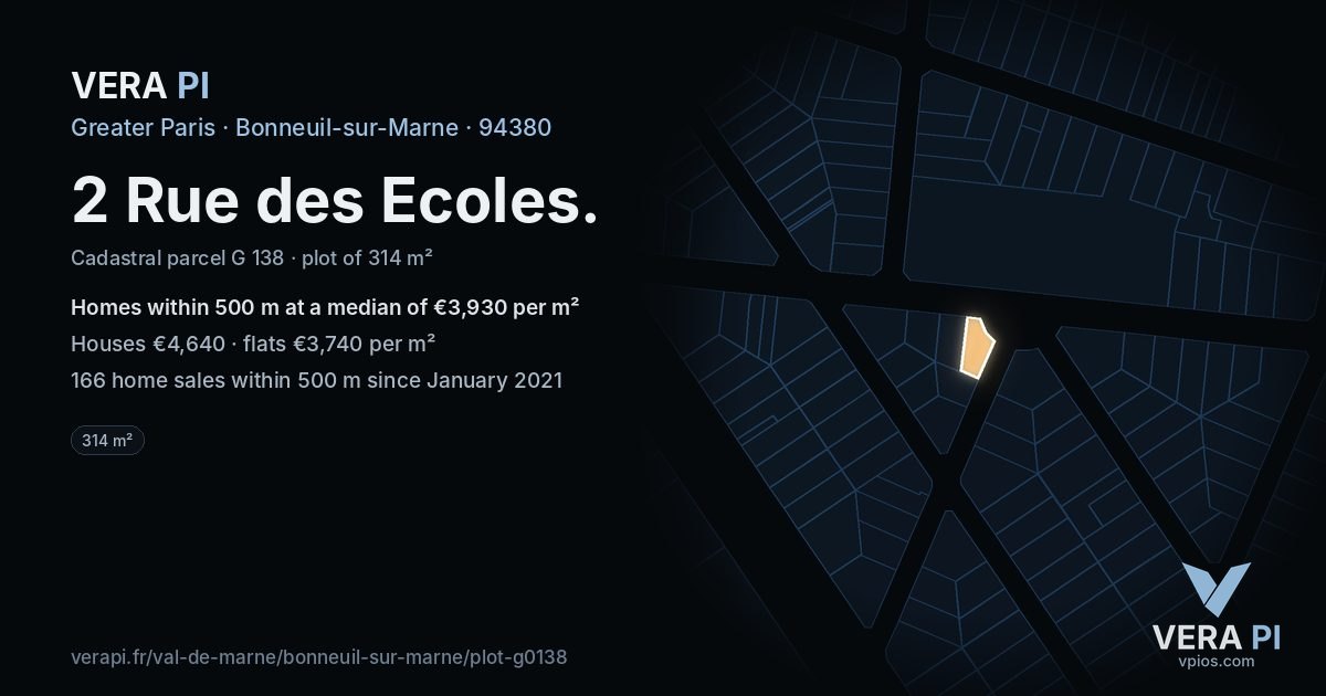 2 Rue des Ecoles, Bonneuil-sur-Marne at night – the plot lit, the parcels around coloured by the prices near them