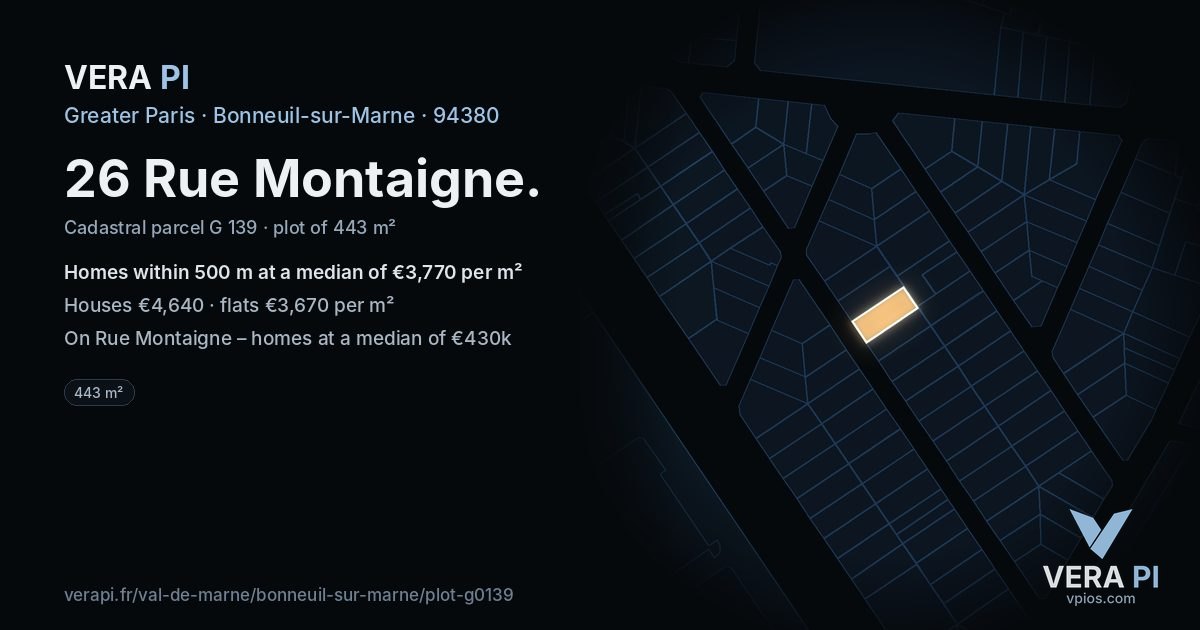 26 Rue Montaigne, Bonneuil-sur-Marne at night – the plot lit, the parcels around coloured by the prices near them