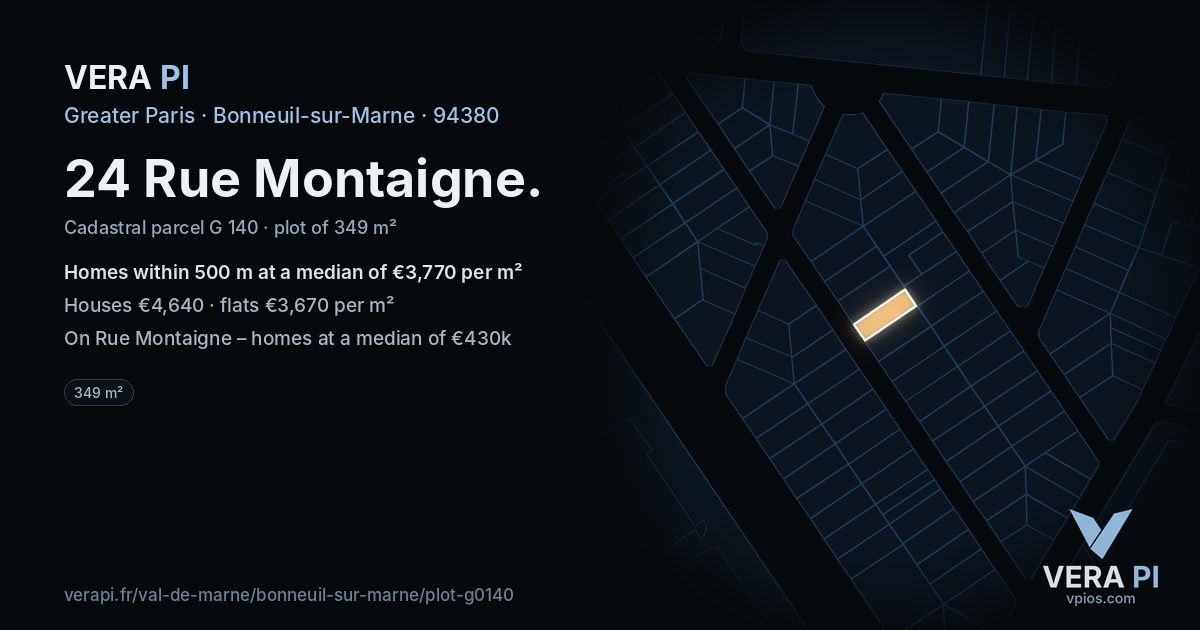 24 Rue Montaigne, Bonneuil-sur-Marne at night – the plot lit, the parcels around coloured by the prices near them