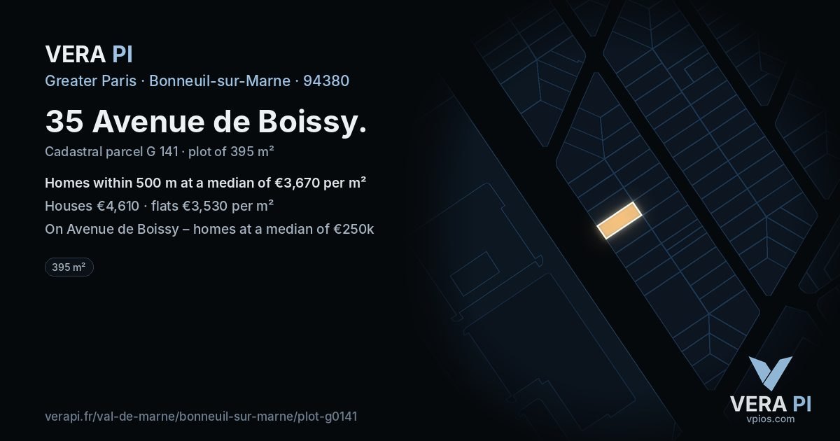 35 Avenue de Boissy, Bonneuil-sur-Marne at night – the plot lit, the parcels around coloured by the prices near them