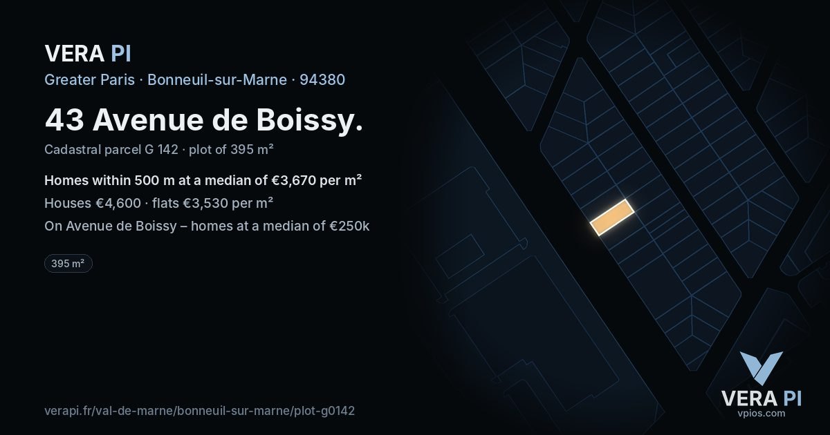 43 Avenue de Boissy, Bonneuil-sur-Marne at night – the plot lit, the parcels around coloured by the prices near them
