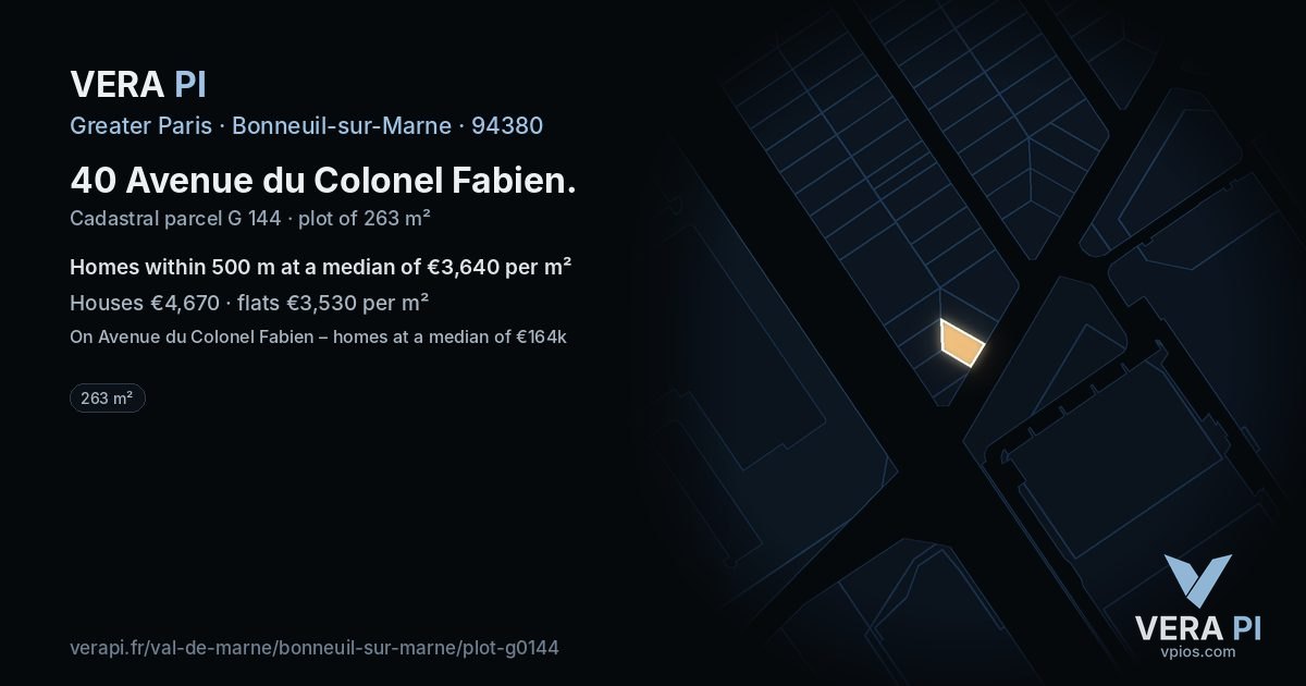 40 Avenue du Colonel Fabien, Bonneuil-sur-Marne at night – the plot lit, the parcels around coloured by the prices near them