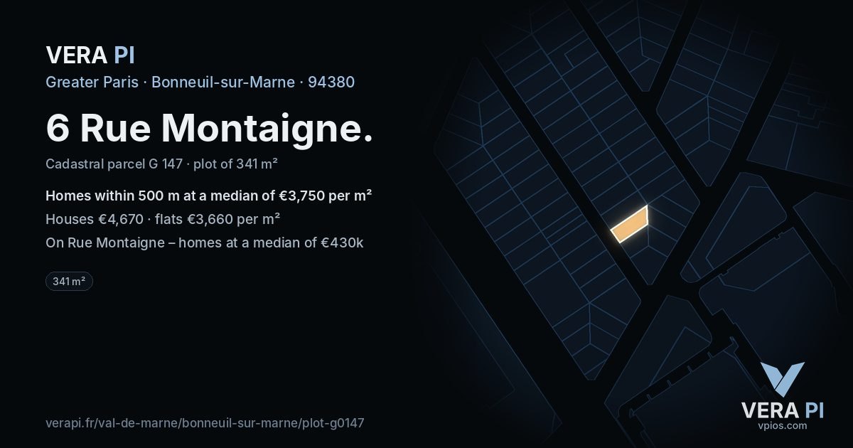 6 Rue Montaigne, Bonneuil-sur-Marne at night – the plot lit, the parcels around coloured by the prices near them