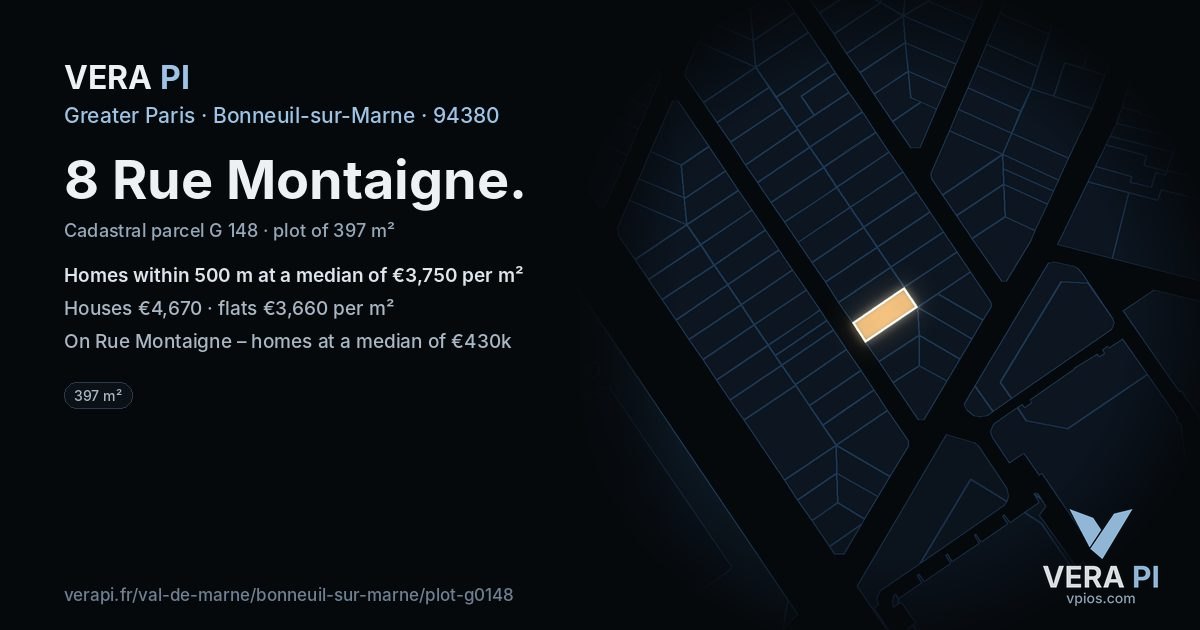 8 Rue Montaigne, Bonneuil-sur-Marne at night – the plot lit, the parcels around coloured by the prices near them