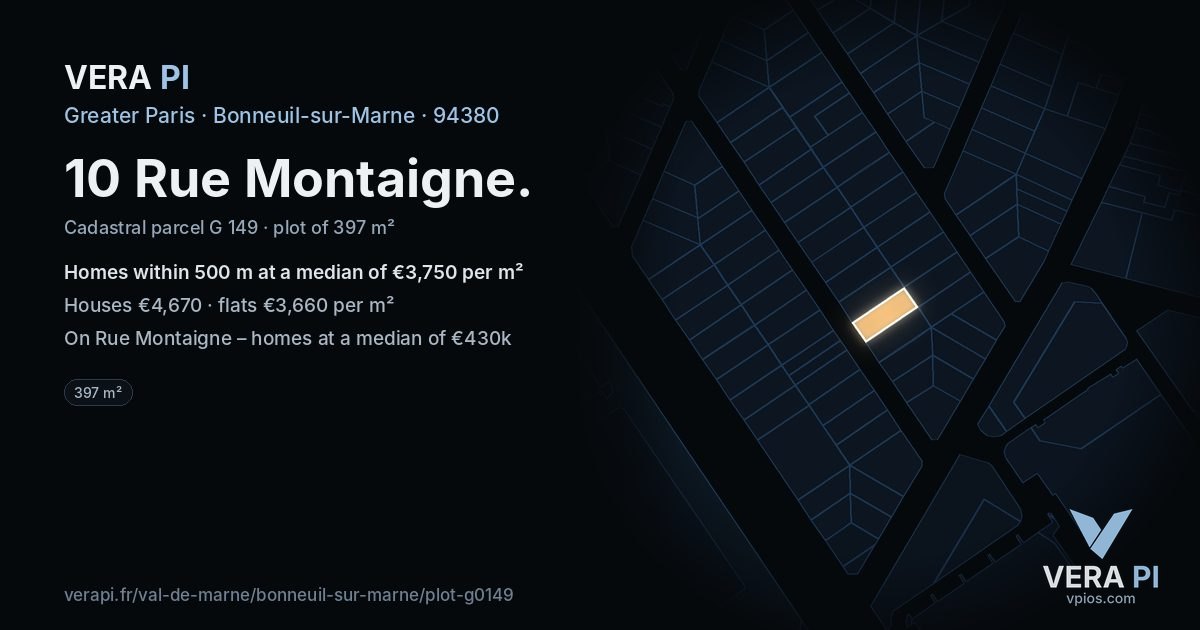 10 Rue Montaigne, Bonneuil-sur-Marne at night – the plot lit, the parcels around coloured by the prices near them