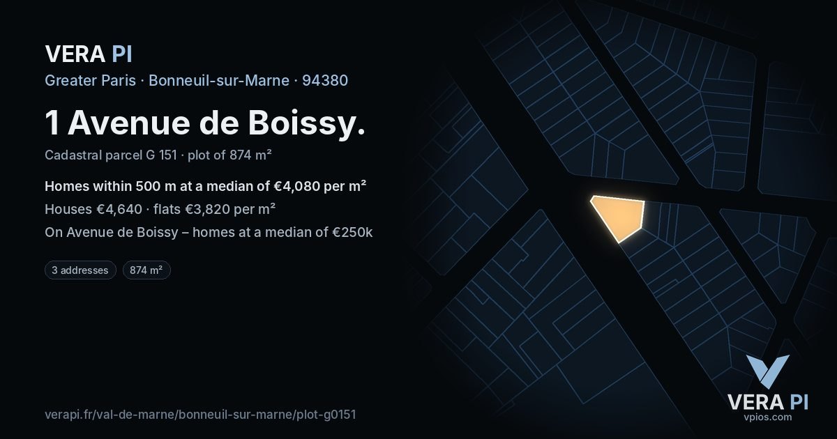1 Avenue de Boissy, Bonneuil-sur-Marne at night – the plot lit, the parcels around coloured by the prices near them