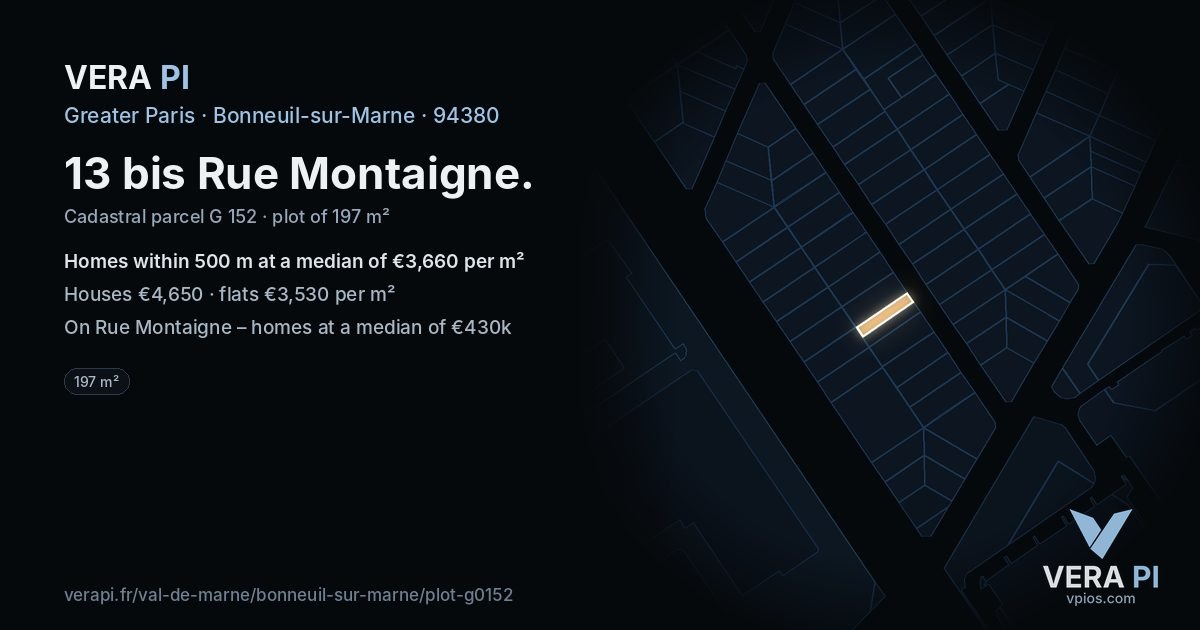 13 bis Rue Montaigne, Bonneuil-sur-Marne at night – the plot lit, the parcels around coloured by the prices near them