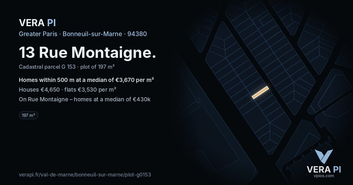 13 Rue Montaigne, Bonneuil-sur-Marne at night – the plot lit, the parcels around coloured by the prices near them
