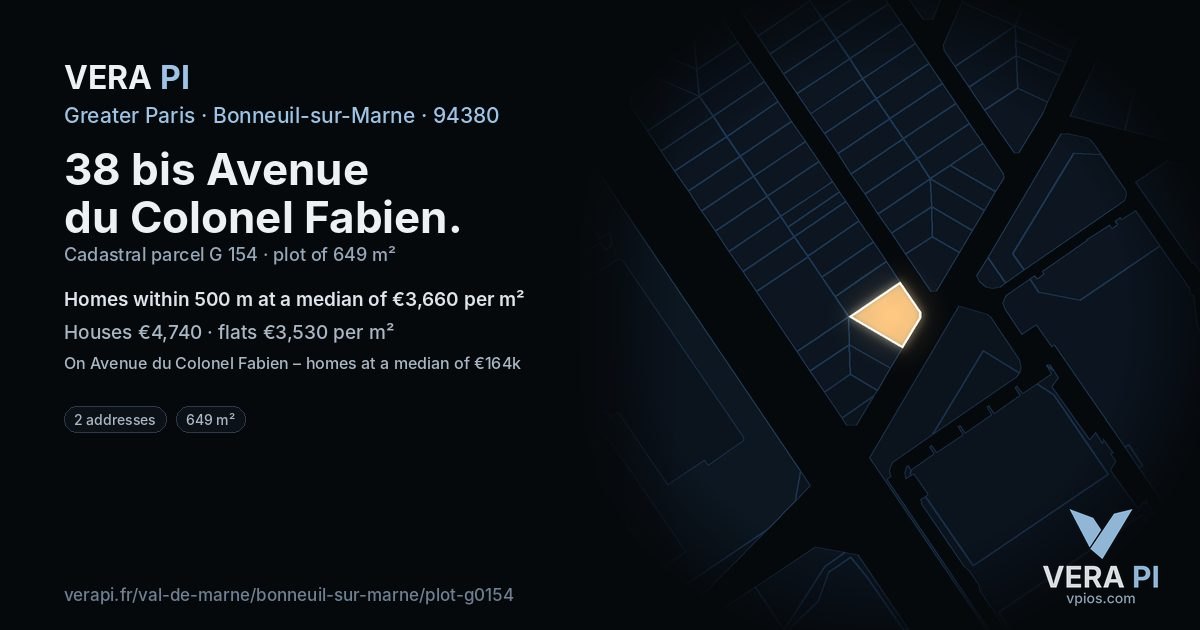 38 bis Avenue du Colonel Fabien, Bonneuil-sur-Marne at night – the plot lit, the parcels around coloured by the prices near them