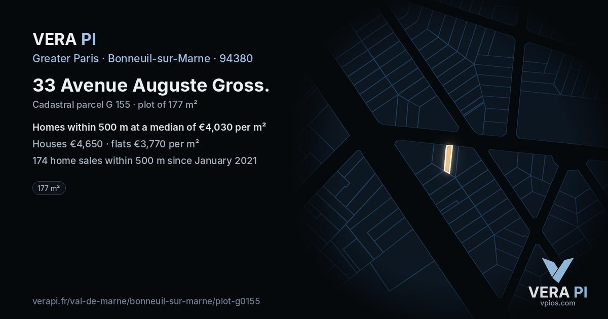 33 Avenue Auguste Gross, Bonneuil-sur-Marne at night – the plot lit, the parcels around coloured by the prices near them