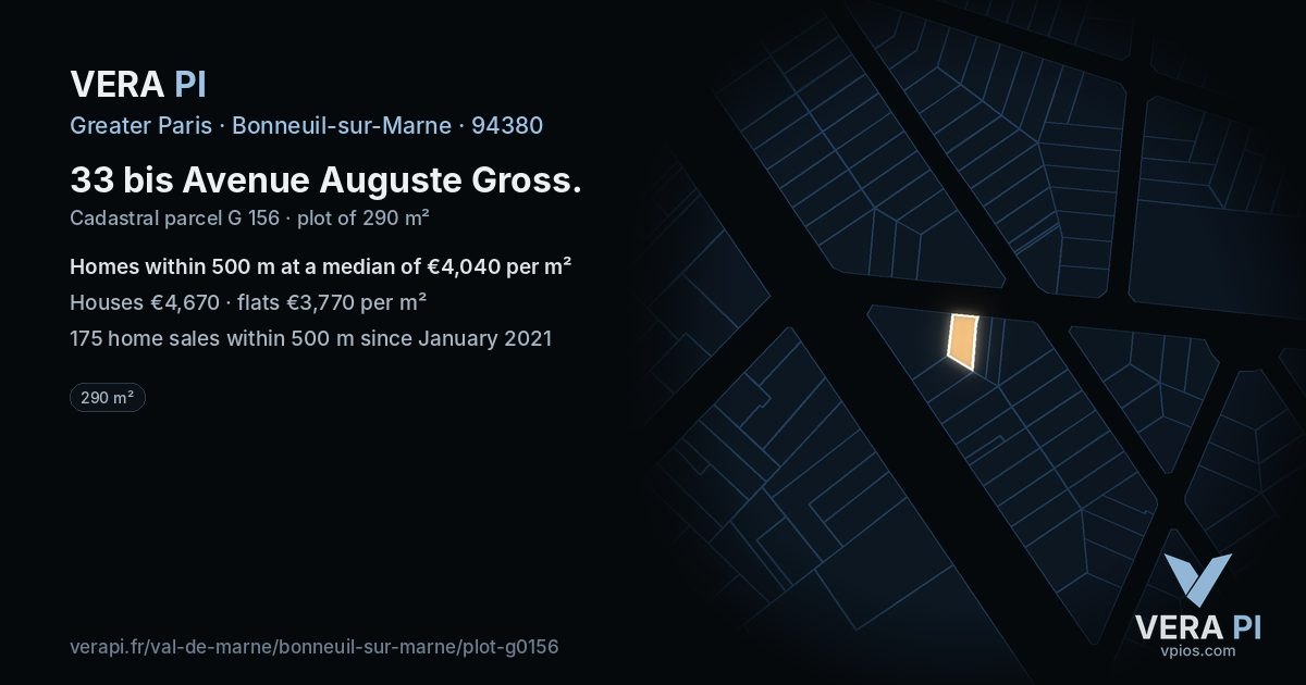 33 bis Avenue Auguste Gross, Bonneuil-sur-Marne at night – the plot lit, the parcels around coloured by the prices near them