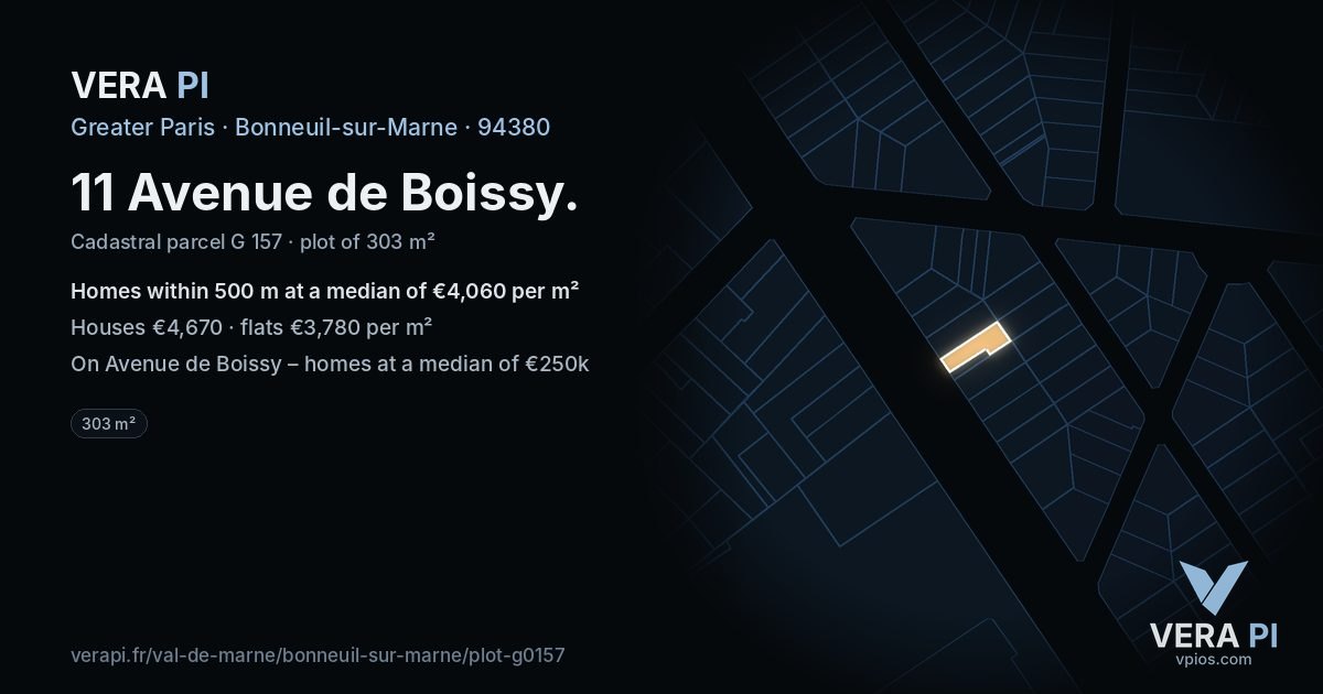 11 Avenue de Boissy, Bonneuil-sur-Marne at night – the plot lit, the parcels around coloured by the prices near them