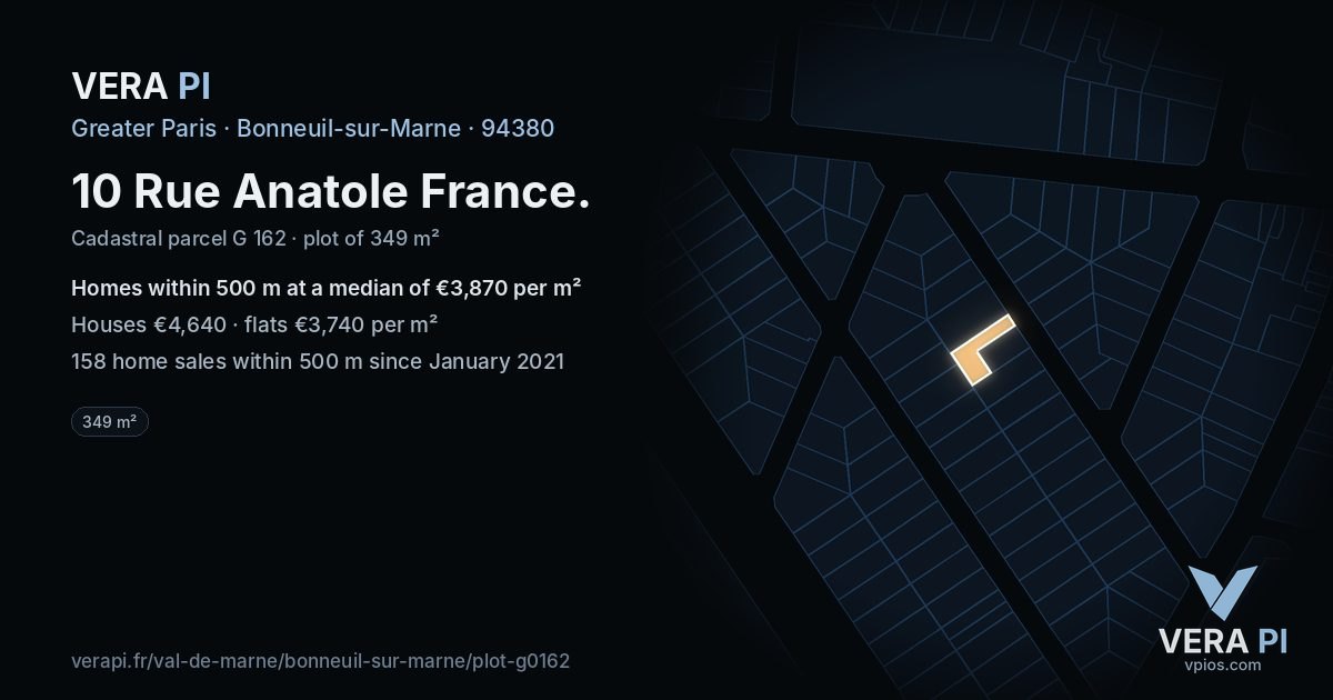 10 Rue Anatole France, Bonneuil-sur-Marne at night – the plot lit, the parcels around coloured by the prices near them