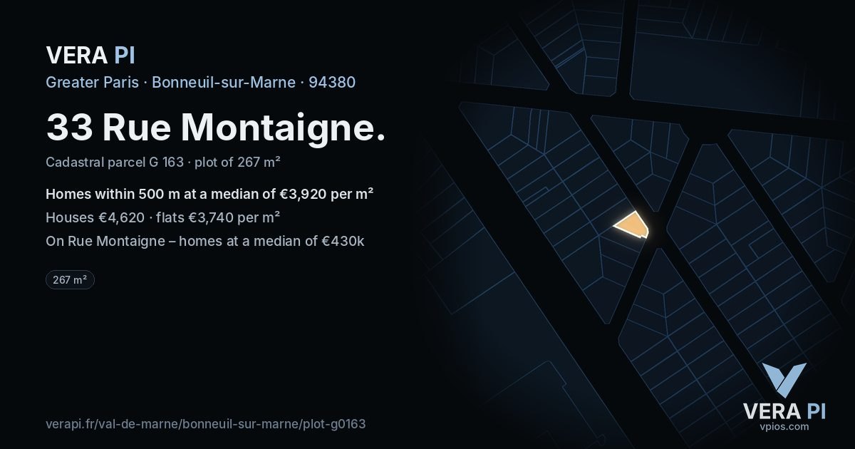 33 Rue Montaigne, Bonneuil-sur-Marne at night – the plot lit, the parcels around coloured by the prices near them