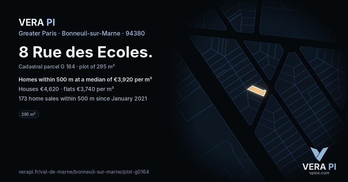 8 Rue des Ecoles, Bonneuil-sur-Marne at night – the plot lit, the parcels around coloured by the prices near them