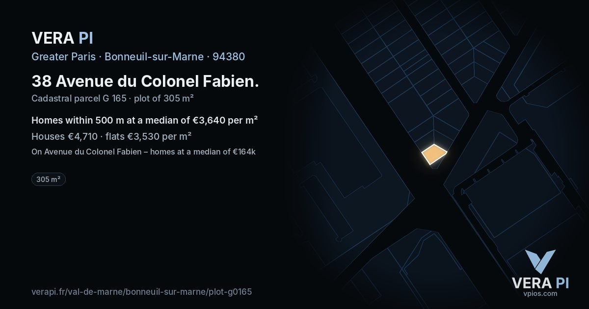 38 Avenue du Colonel Fabien, Bonneuil-sur-Marne at night – the plot lit, the parcels around coloured by the prices near them
