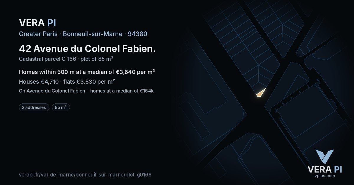 42 Avenue du Colonel Fabien, Bonneuil-sur-Marne at night – the plot lit, the parcels around coloured by the prices near them
