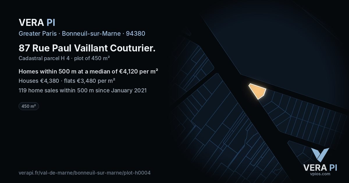 87 Rue Paul Vaillant Couturier, Bonneuil-sur-Marne at night – the plot lit, the parcels around coloured by the prices near them