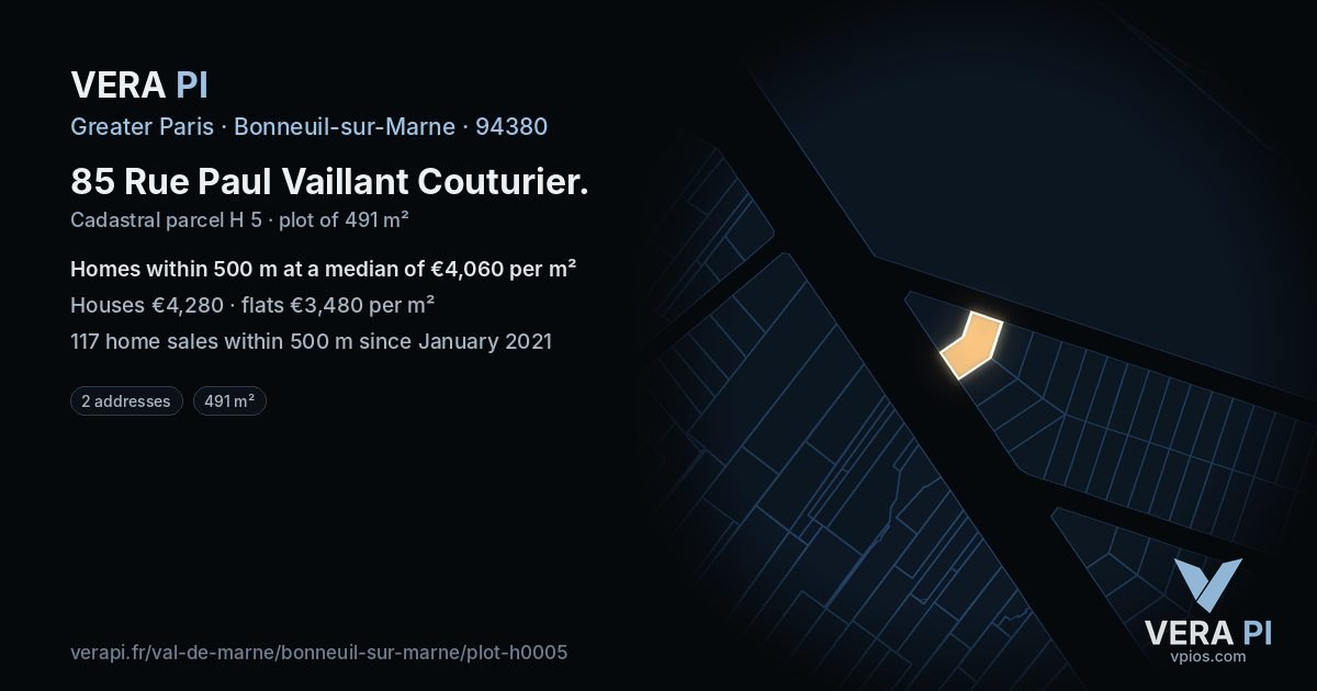 85 Rue Paul Vaillant Couturier, Bonneuil-sur-Marne at night – the plot lit, the parcels around coloured by the prices near them