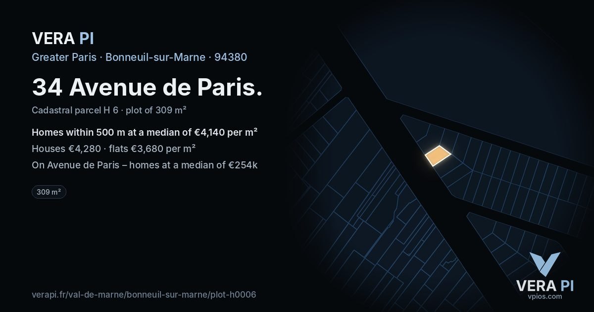 34 Avenue de Paris, Bonneuil-sur-Marne at night – the plot lit, the parcels around coloured by the prices near them