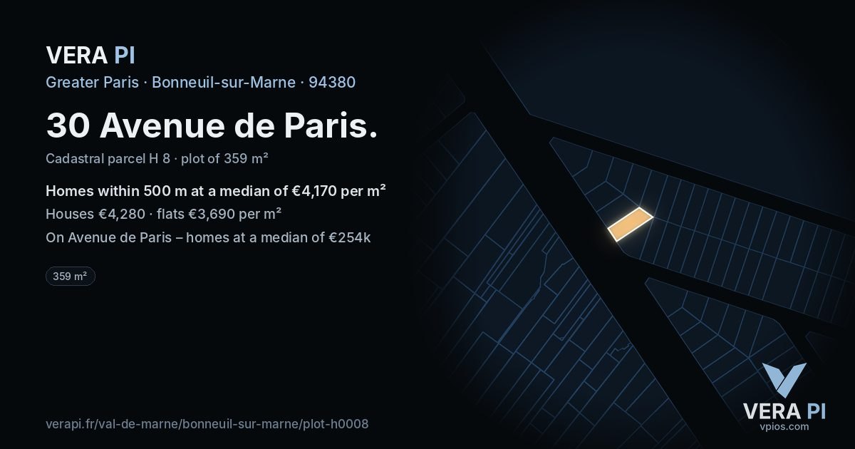 30 Avenue de Paris, Bonneuil-sur-Marne at night – the plot lit, the parcels around coloured by the prices near them