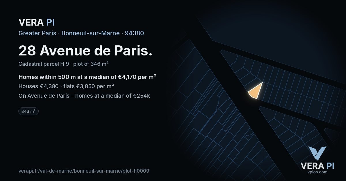 28 Avenue de Paris, Bonneuil-sur-Marne at night – the plot lit, the parcels around coloured by the prices near them