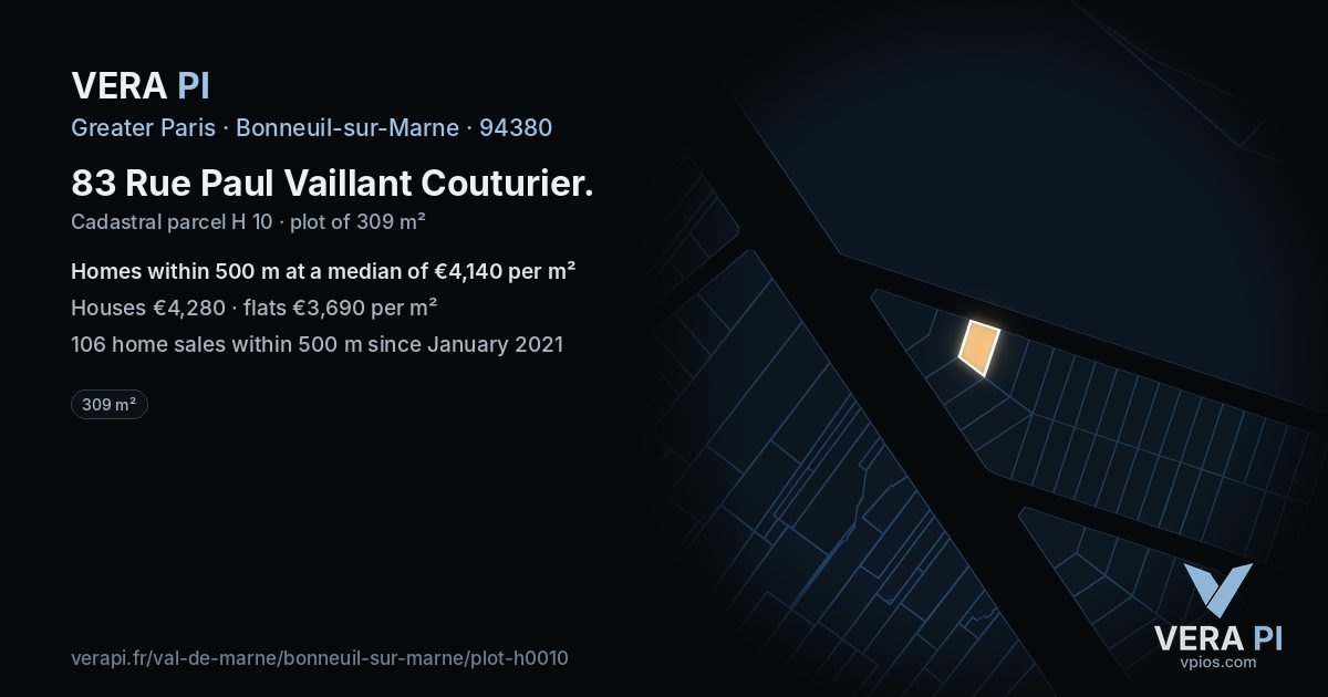 83 Rue Paul Vaillant Couturier, Bonneuil-sur-Marne at night – the plot lit, the parcels around coloured by the prices near them