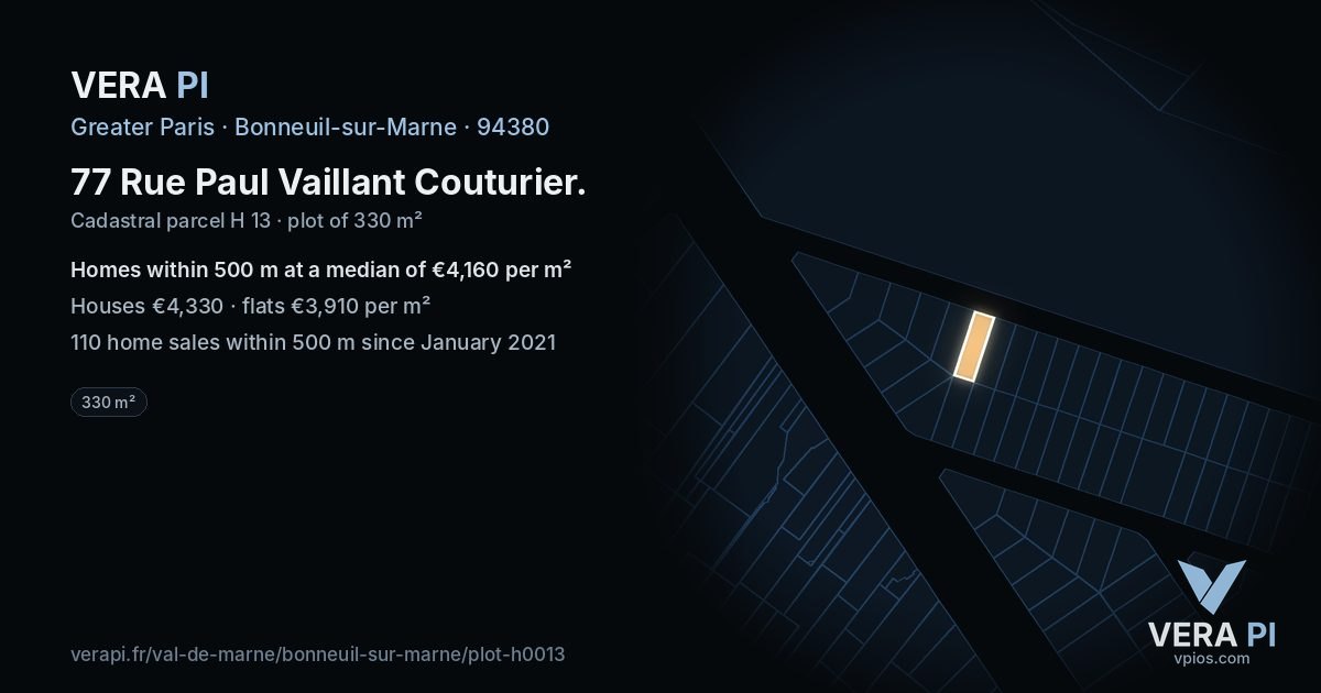 77 Rue Paul Vaillant Couturier, Bonneuil-sur-Marne at night – the plot lit, the parcels around coloured by the prices near them