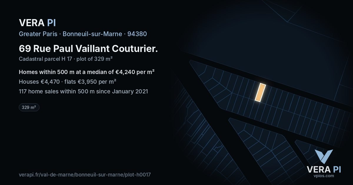 69 Rue Paul Vaillant Couturier, Bonneuil-sur-Marne at night – the plot lit, the parcels around coloured by the prices near them