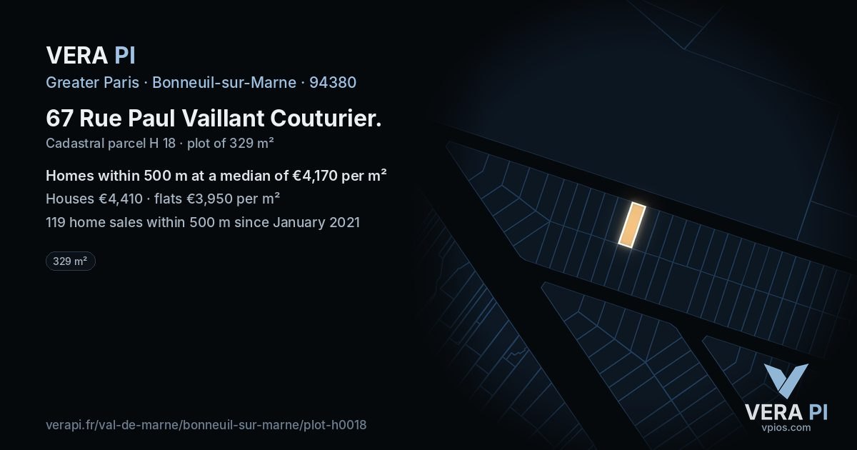 67 Rue Paul Vaillant Couturier, Bonneuil-sur-Marne at night – the plot lit, the parcels around coloured by the prices near them