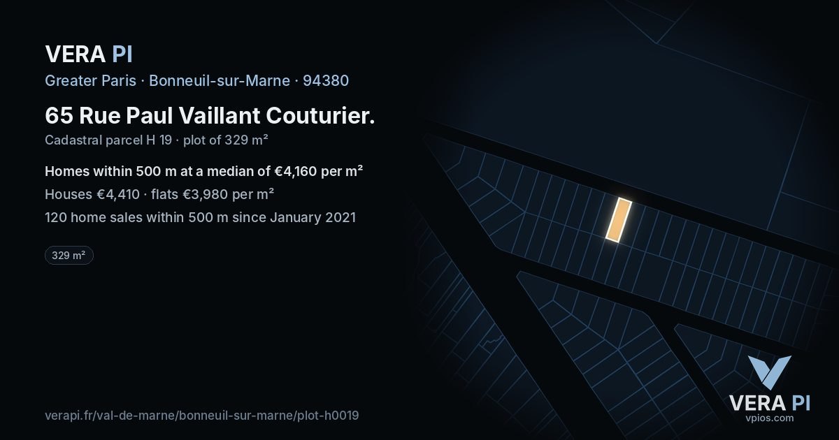 65 Rue Paul Vaillant Couturier, Bonneuil-sur-Marne at night – the plot lit, the parcels around coloured by the prices near them