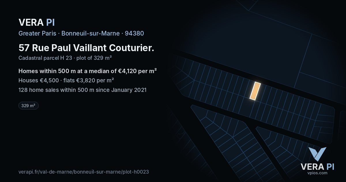 57 Rue Paul Vaillant Couturier, Bonneuil-sur-Marne at night – the plot lit, the parcels around coloured by the prices near them
