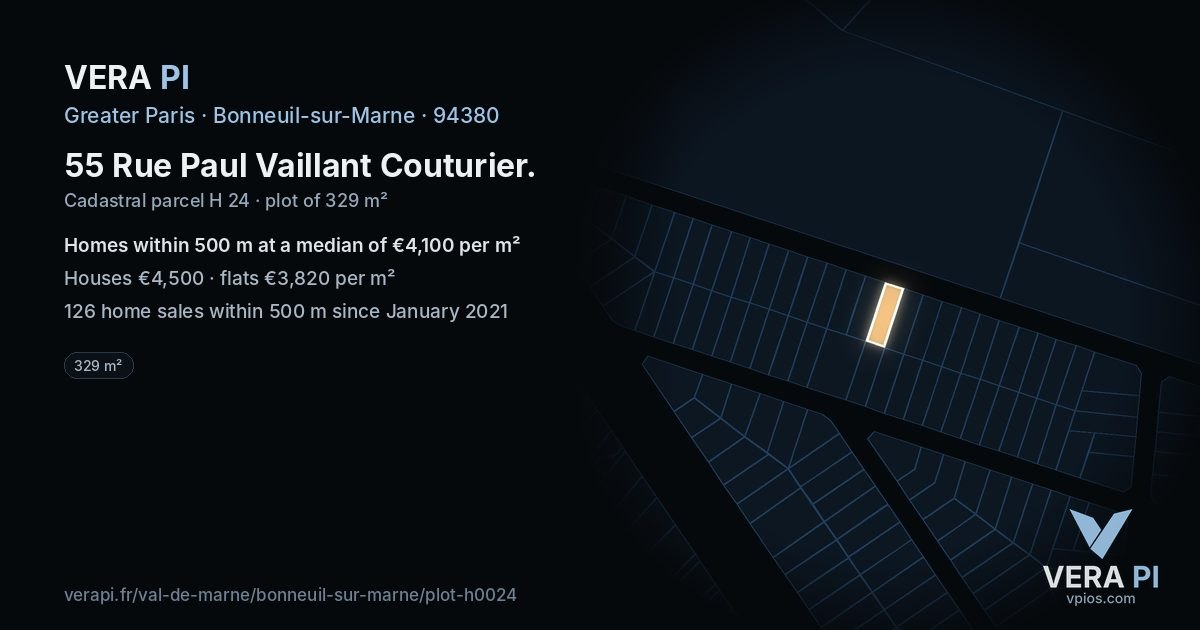 55 Rue Paul Vaillant Couturier, Bonneuil-sur-Marne at night – the plot lit, the parcels around coloured by the prices near them