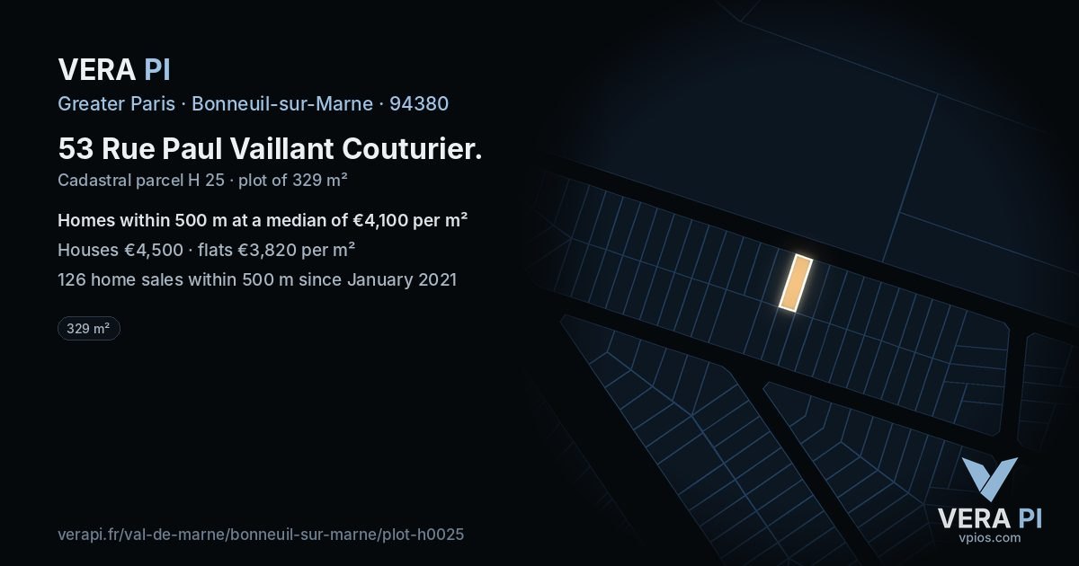 53 Rue Paul Vaillant Couturier, Bonneuil-sur-Marne at night – the plot lit, the parcels around coloured by the prices near them