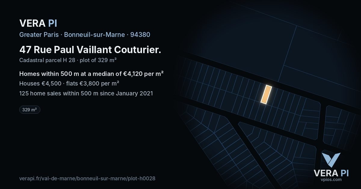 47 Rue Paul Vaillant Couturier, Bonneuil-sur-Marne at night – the plot lit, the parcels around coloured by the prices near them