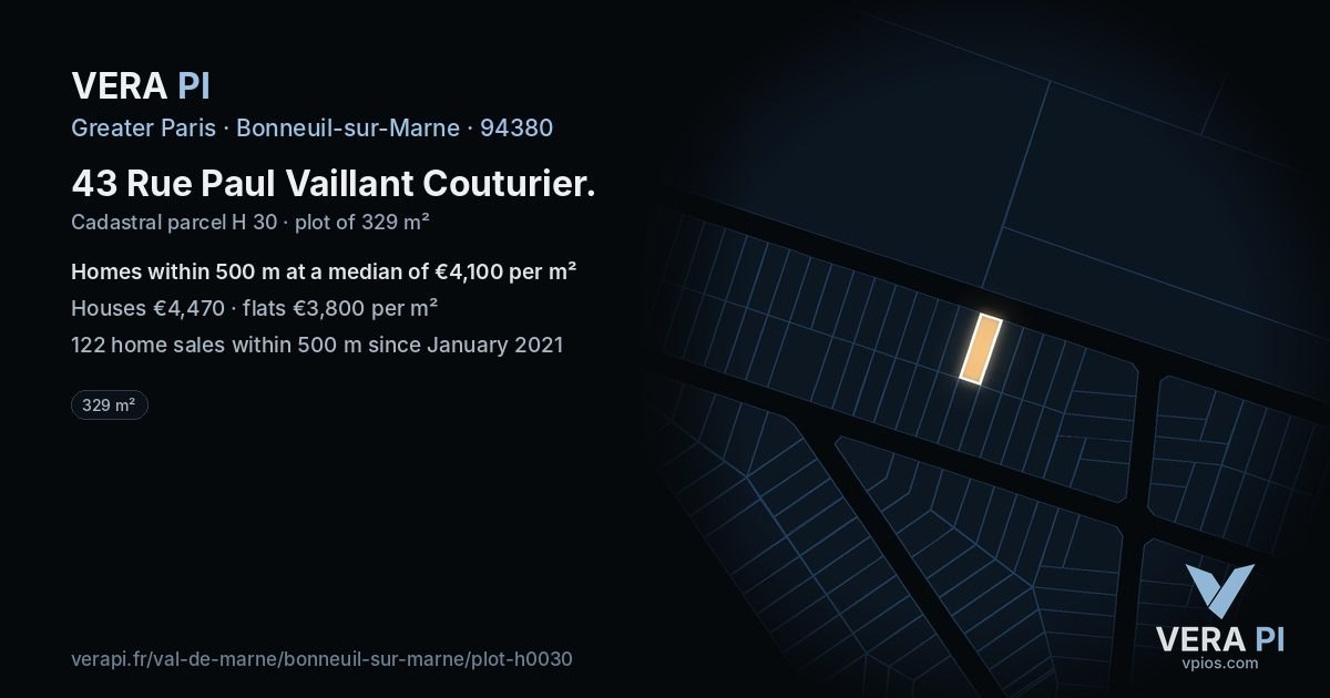 43 Rue Paul Vaillant Couturier, Bonneuil-sur-Marne at night – the plot lit, the parcels around coloured by the prices near them