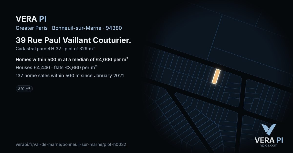 39 Rue Paul Vaillant Couturier, Bonneuil-sur-Marne at night – the plot lit, the parcels around coloured by the prices near them