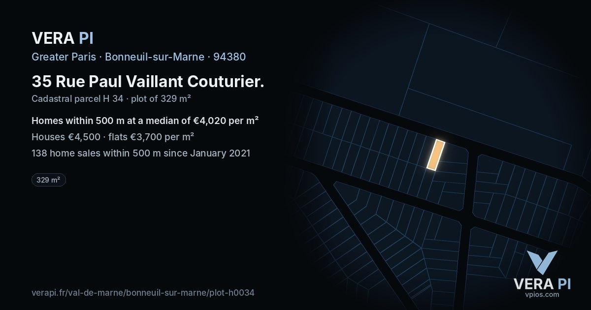 35 Rue Paul Vaillant Couturier, Bonneuil-sur-Marne at night – the plot lit, the parcels around coloured by the prices near them