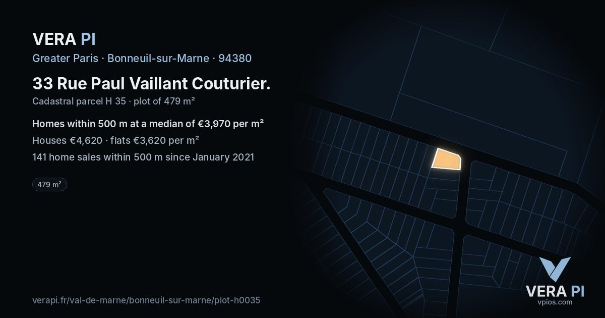 33 Rue Paul Vaillant Couturier, Bonneuil-sur-Marne at night – the plot lit, the parcels around coloured by the prices near them