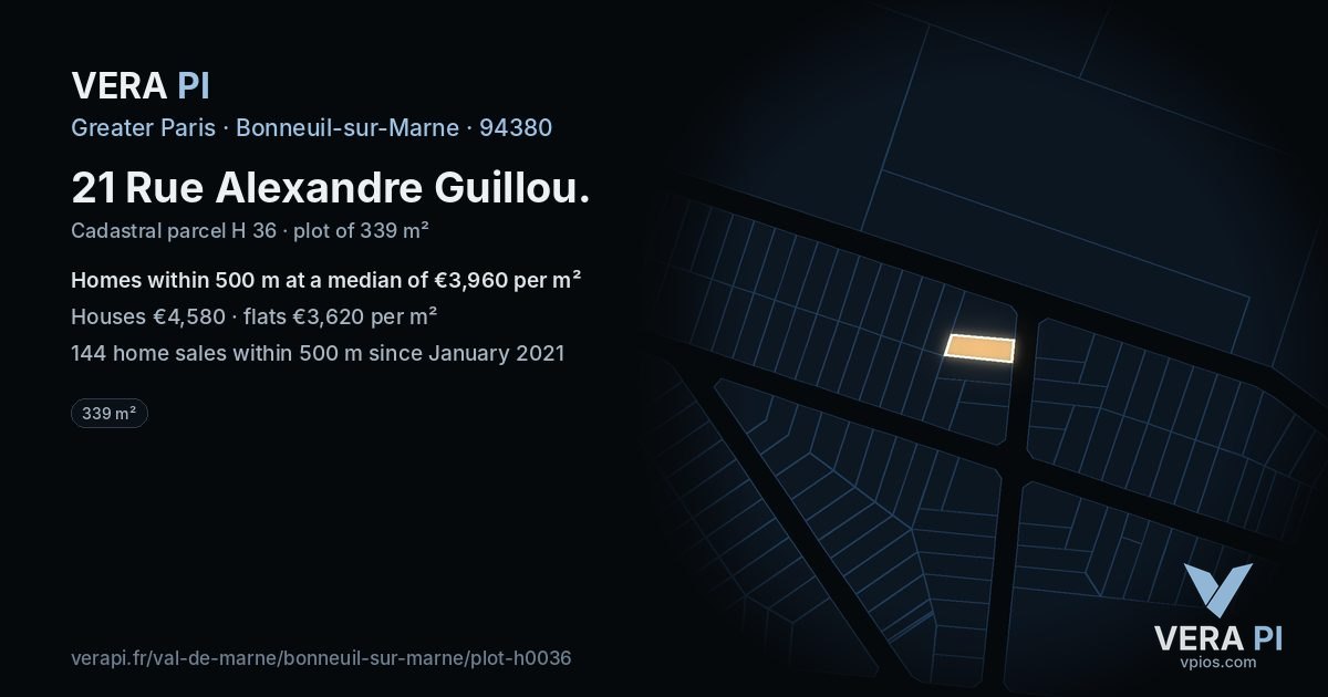 21 Rue Alexandre Guillou, Bonneuil-sur-Marne at night – the plot lit, the parcels around coloured by the prices near them