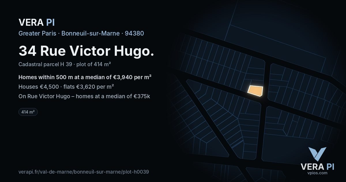 34 Rue Victor Hugo, Bonneuil-sur-Marne at night – the plot lit, the parcels around coloured by the prices near them