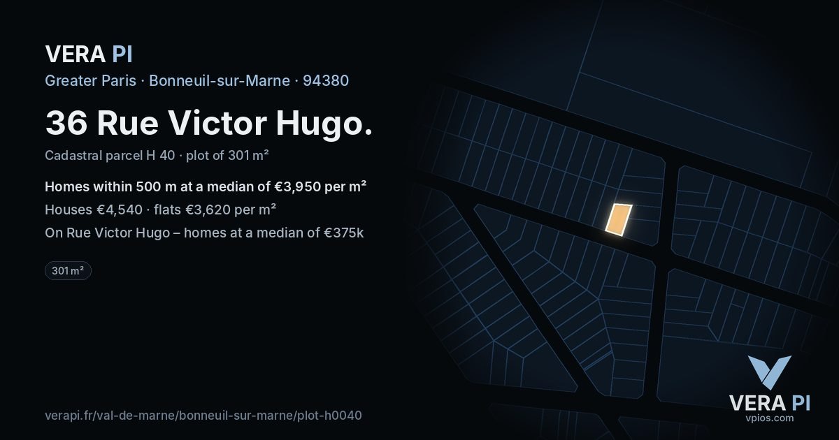 36 Rue Victor Hugo, Bonneuil-sur-Marne at night – the plot lit, the parcels around coloured by the prices near them