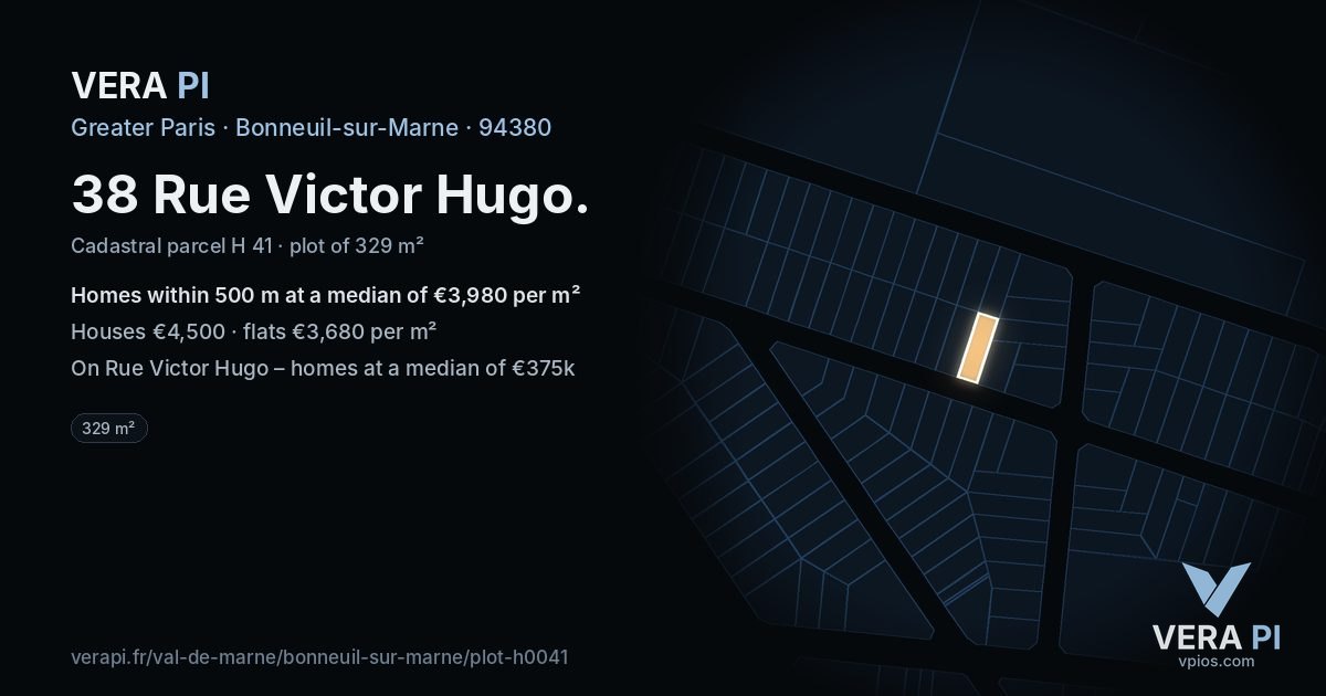 38 Rue Victor Hugo, Bonneuil-sur-Marne at night – the plot lit, the parcels around coloured by the prices near them