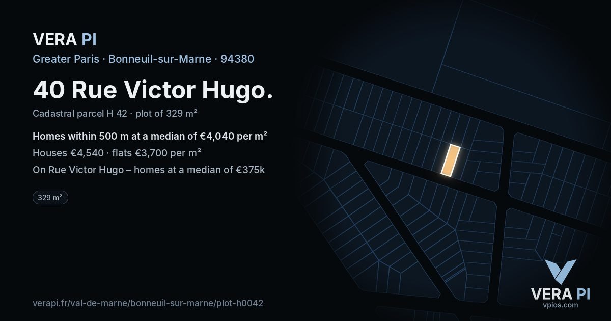 40 Rue Victor Hugo, Bonneuil-sur-Marne at night – the plot lit, the parcels around coloured by the prices near them