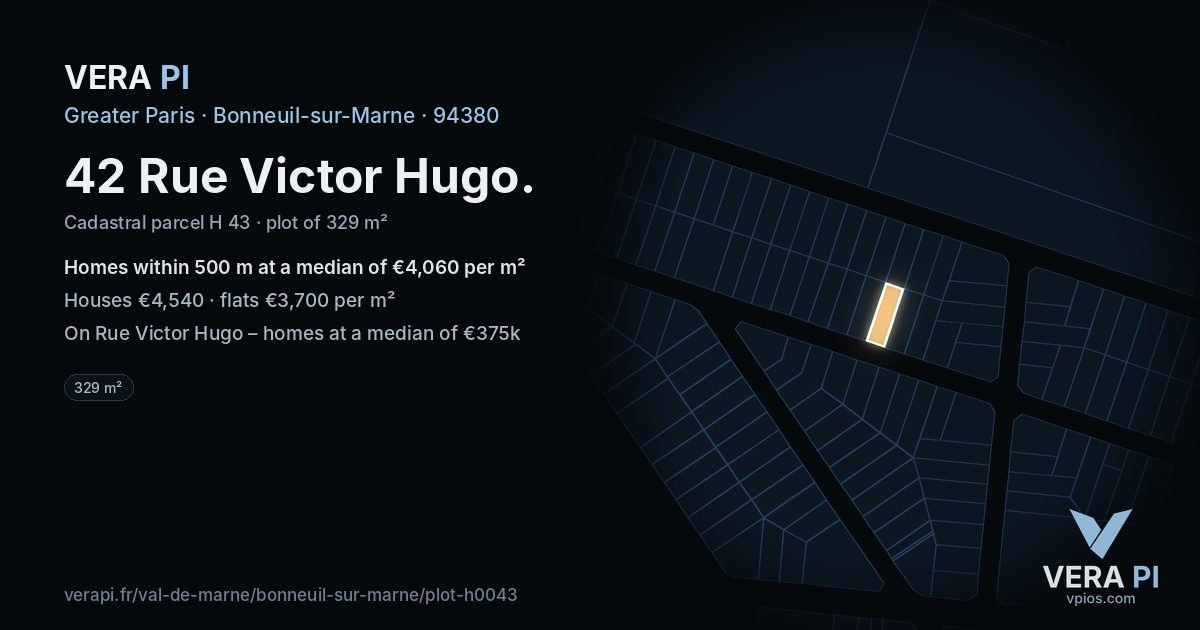 42 Rue Victor Hugo, Bonneuil-sur-Marne at night – the plot lit, the parcels around coloured by the prices near them