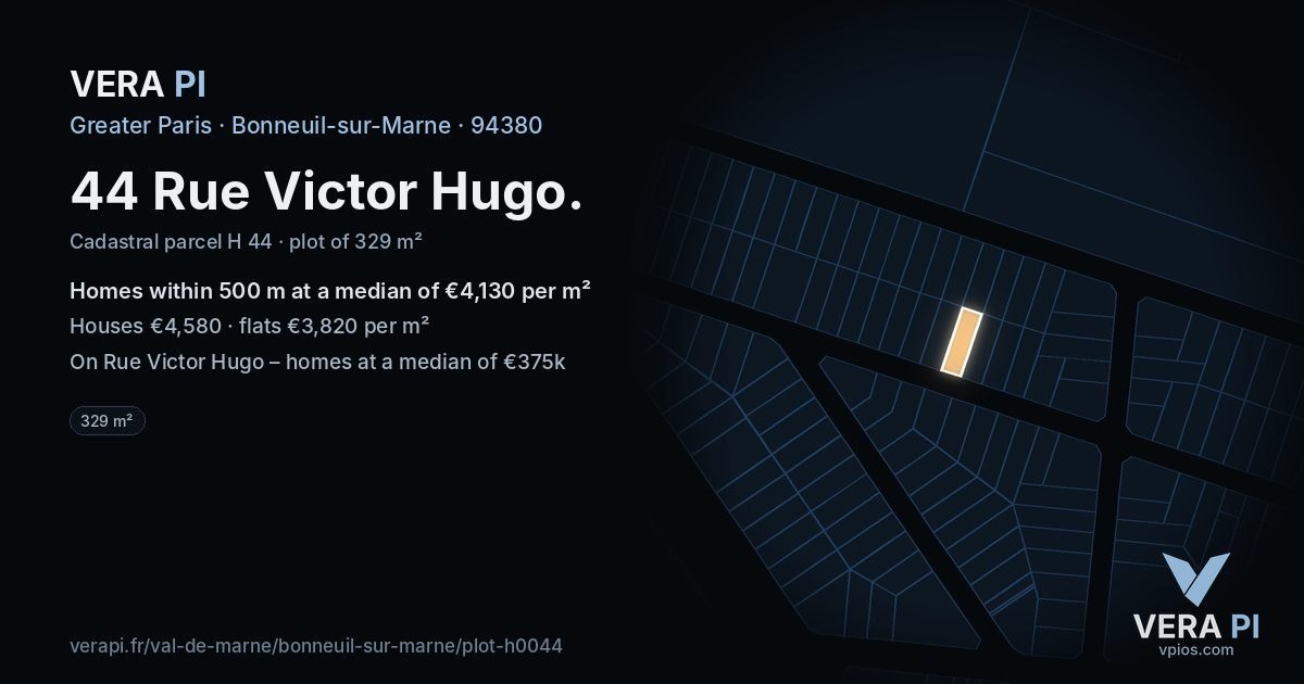 44 Rue Victor Hugo, Bonneuil-sur-Marne at night – the plot lit, the parcels around coloured by the prices near them