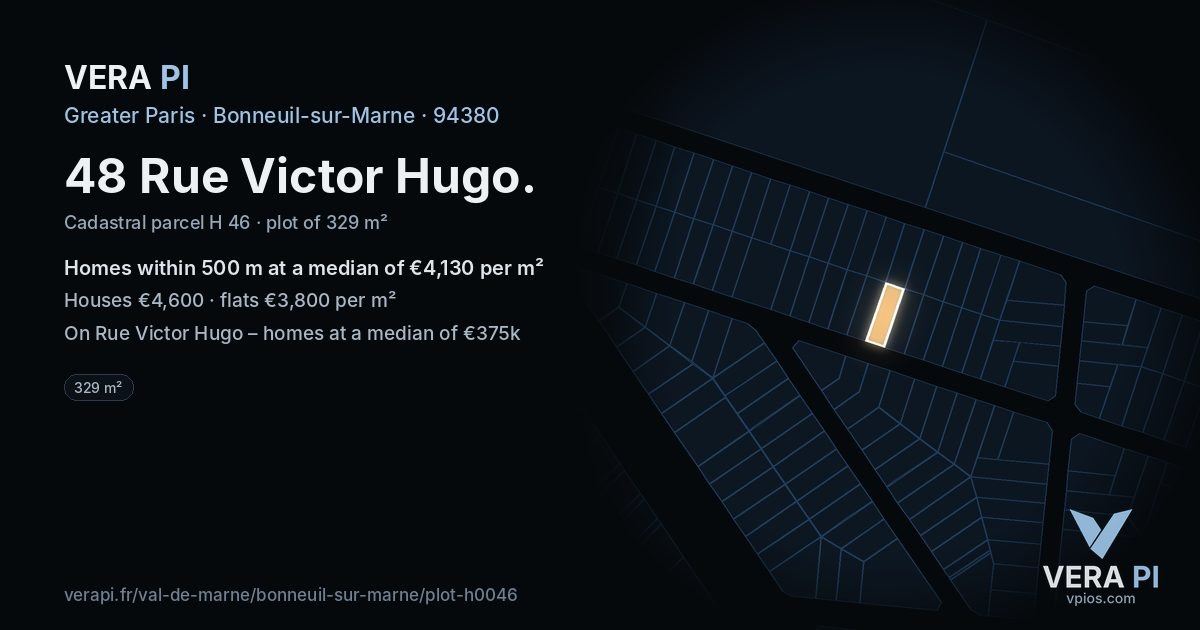 48 Rue Victor Hugo, Bonneuil-sur-Marne at night – the plot lit, the parcels around coloured by the prices near them